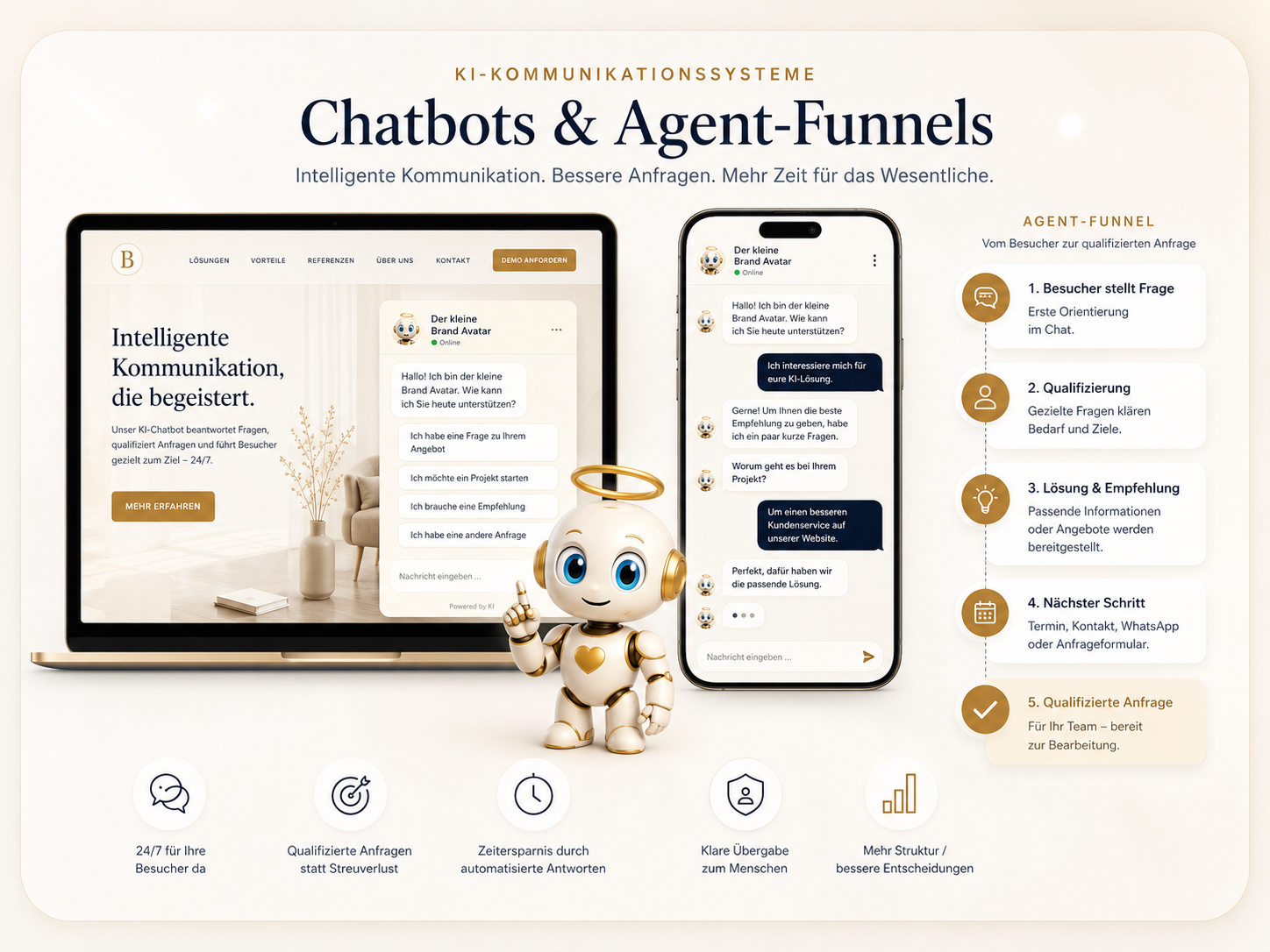 Beispiel für KI-Chatbot, Agent-Funnel, Website-Kommunikation und den kleinen Brand Avatar als digitalen Assistenten