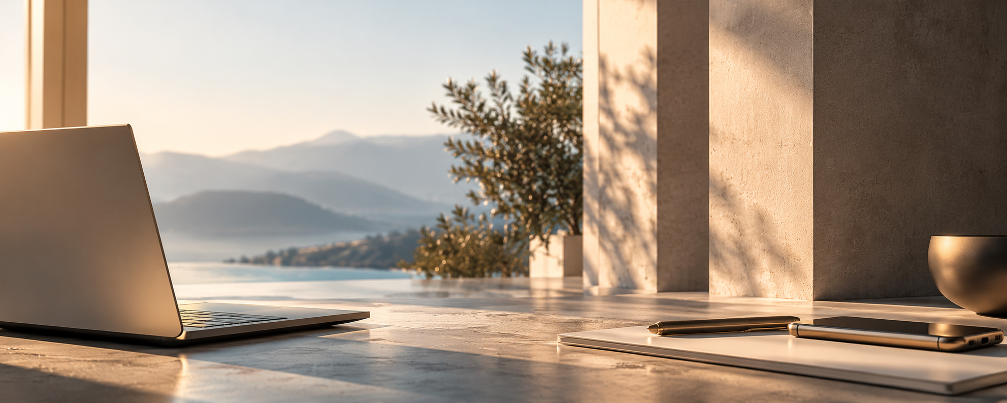 Laptop und Smartphone in einer hochwertigen architektonischen Arbeitsumgebung für Kontakt und Projektanfragen bei The Brand Avatar